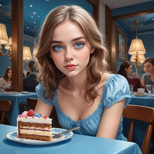 Prompt:  woman sitting at table with piece of cake, beautiful detailed blue eyes, cute detailed artwork, beautiful drawing, extremely detailed blue eyes, digital cartoon art, beautiful fantasy portrait, realistic painting of cute girl, highly detailed cartoon