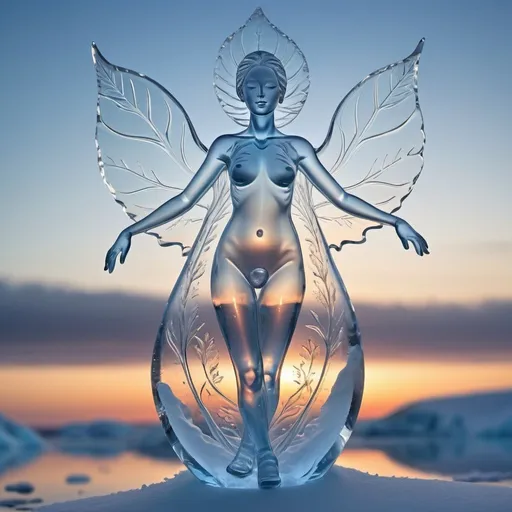 Prompt: completely transparent  goddess figure in Arctic dawn setting inside fully transparent body made from glass,
Skin decorated with delicate outlines of leaves, 
transparent ghostly vivid happy dreamy lines ,art ice, 
detailed transparent bioluminescence,
glittering night,
ice sculpture style,
vivid,
sci-fi ice styled . 
surrealism,
Ice,
sky,
fantasy,
artistic water drops,
dynamic pose,
tender,
soft natural volumetric light,
atmospheric,
sharp focus,
soft haze,
masterpiece. 
tiny detailed