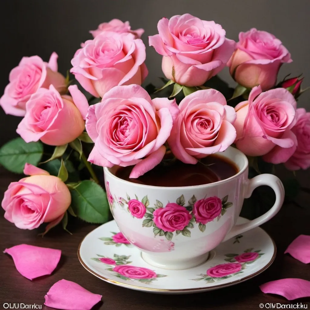 Prompt:   a cup filled with pink roses sitting on top of a table, ad image, desna, demur, photo print, фото девушка курит, good morning, ko-fi, for a beautiful, drawfolio, by Olha Darchuk, gm, image, terem, coffee cup, flash image, tea