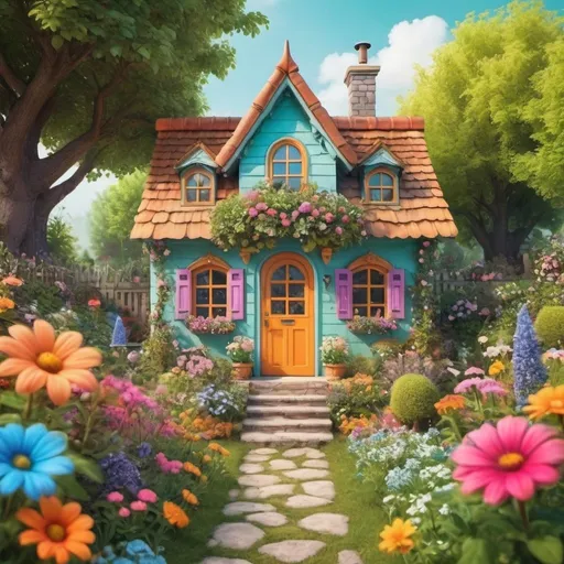 Prompt: a small house in the middle of a garden, flowery cottage, fantasy house, cozy home background, colorful house,  cute cozy room, 