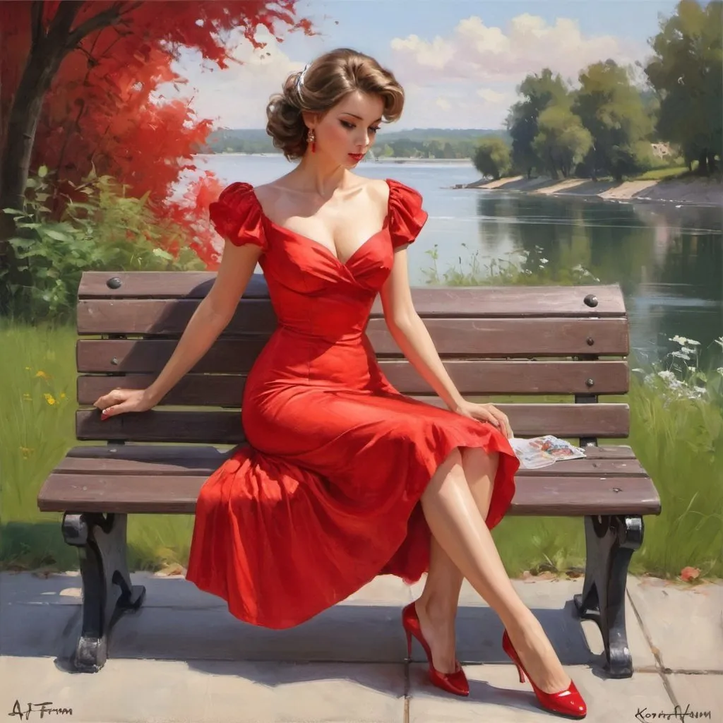 Prompt:  a woman in a red dress is sitting on a bench, a fine art painting by Art Frahm, deviantart, figurative art, romanticism painting, ( ( konstantin razumov ) ), beautiful fantasy painting