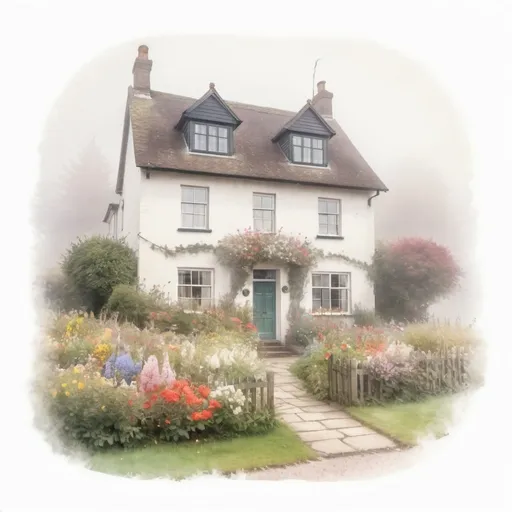 Prompt:  a house with flowers in front of it, white fog on the side, tranquility, vintage postcard , Great Britain, soft vignette, full-color watercolor drawing with drawing.