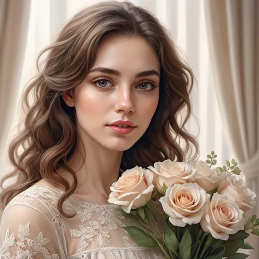 Prompt: a woman with moderate makeup, brown-haired wavy hair of medium length, in a lace blouse of pale beige color , with a bouquet of flowers in her hand, close-up portrait of a face, realistic fantasy drawing, stylized portrait h 1280, ultra-realistic, beautiful, colorful, realistic, high detail,rim light, animated 3D graphics, stunning watercolor painting,