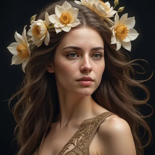 Prompt: caucasian woman with long brown hair, body, flower head art, profile photography, symmetrical, high detail, neutral colors, studio photography, wind, studio light, intricate details, sharp focus, coronation, paint, oil paint, woman beautiful, detailed face, National Geographic Artstation, intricate art masterpiece, sinister, golden ratio,  intricate, production cinematic character rendering, very high quality model, composition perfect, beautiful, intricate and incredibly detailed octane rendering trend in station art, 8k artistic photography, photorealistic concept art, smooth natural volumetric cinematic perfect light, chiaroscuro, award-winning photography, masterpiece, oil on canvas, TREE