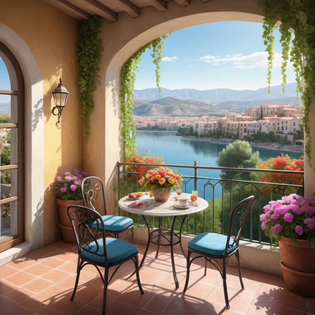 Prompt: balcony with table and chairs, overlooking a pond, a Mediterranean city, a bay, mountains in the distance, stunning views, sunny bay window, vine, realistic, bright colors,high detail, medium plan, the effect of blooming lighting, matte painting,