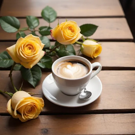 Prompt:  a cup of coffee sitting on top of a wooden table, a still life by Pamela Ascherson, shutterstock, art photography, good morning, cafe in the clouds, yellow rose