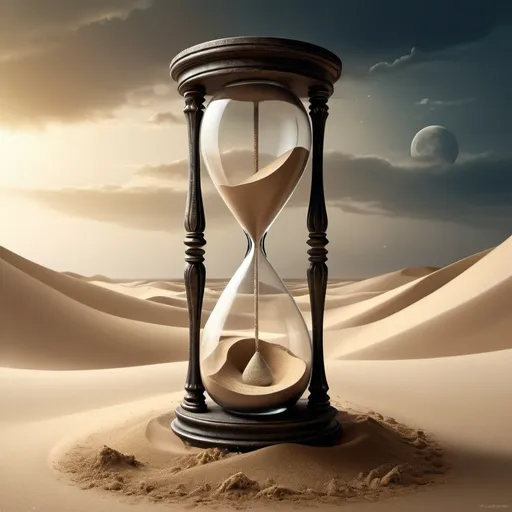 Prompt: an hourglass with sand coming out of it, the sands of time, trapped inside an hourglass, shards of time, surreal and fantasy art, exquisite digital illustration, memory trapped in eternal time, surreal digital art, beautiful digital artwork, lunar time, exquisite digital art, the passing of time, great digital art with details, surrealistic digital artwork