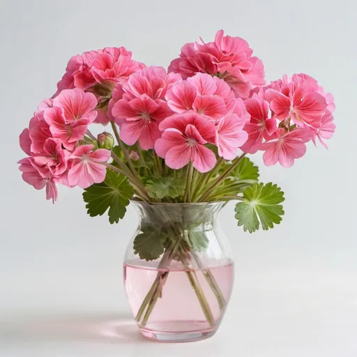 Prompt: A bouquet of pink geraniums in a glass vase on a white background.