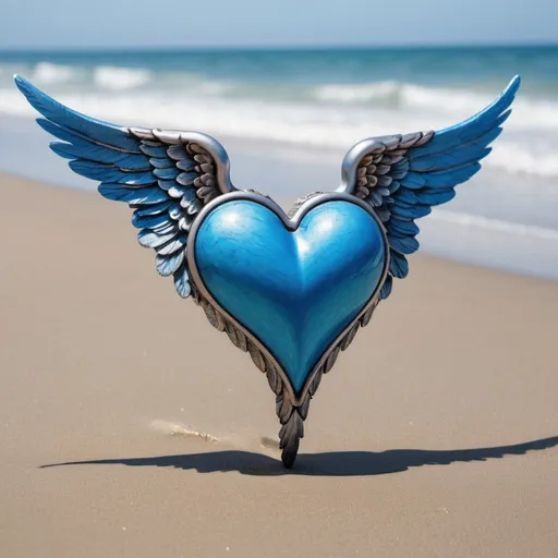 Prompt:  a close up of a heart with wings on a beach, man with a blue heart, blue wall, blue image, grand angel wings, flying angels,   hearts symbol, blue energy, angel wings, one angel, angelic wings, magic heart, exquisite and handsome wings, real heart, blue adornements, light-blue, real wings