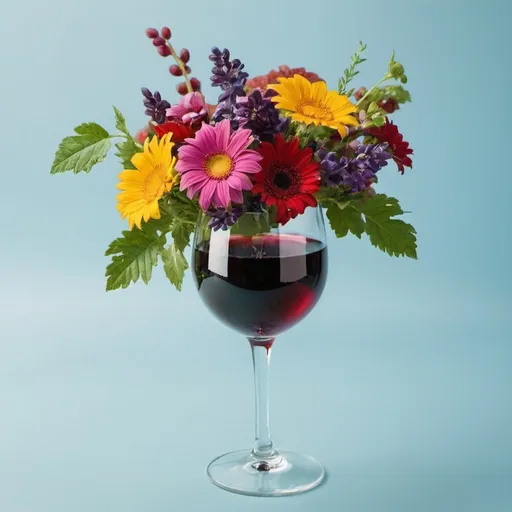 Prompt:  Colorful floral bouquet in a glass of red wine.