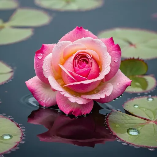 Prompt:  A vibrant pink rose floating on the surface of a pond, surrounded by water droplets and reflecting on the surface.