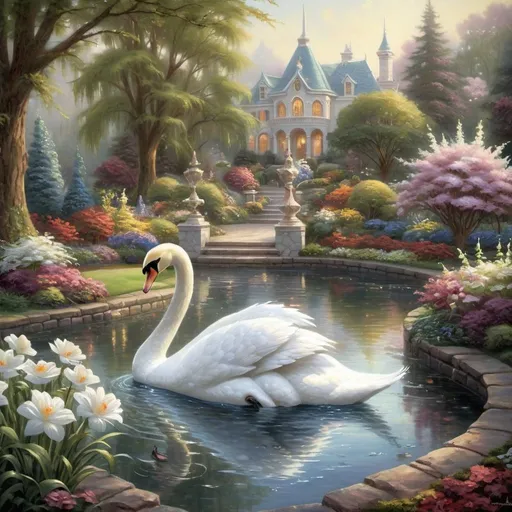 Prompt:  a painting of a white swan in a garden, thomas kinkade painting, style thomas kinkade, thomas kinkade style painting, beautiful fantasy painting, by Thomas Kinkade, by thomas kinkade, thomas kinkade. highly detailed, style of thomas kinkade, ( ( thomas kinkade ) ), kinkade, fairy palace, the grand temple of flowers