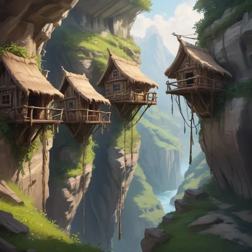 Prompt:  a hanging wild elf huts hanging from side of a ravine, cliffside, oil painting, digital drawing, raytracing, artstation, instagram, photo-realistic