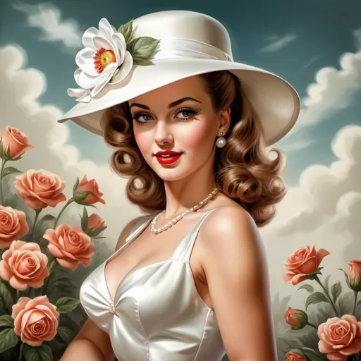 Prompt: woman in white satin dress and hat with flowers, pin up art, dressed like in the 1940s, fantasy realistically beautiful, airbrush drawing