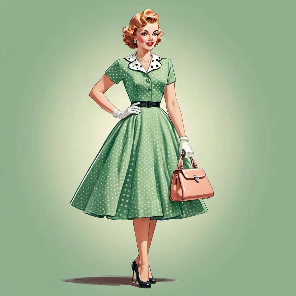 Prompt: a woman in a polka dot dress with a handbag in her hands, full-length character design, green), retro style of the 50s, diva, elegant pear-shaped figure, popular makeup, elegance to the elbow, femininity in pastel colors, a woman in full height, pleasure, drawing