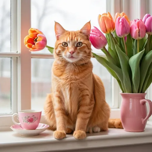 Prompt:   An image of a smiling orange tabby cat sitting on a windowsill with a pink tulip bouquet and a pink teacup in front of it.