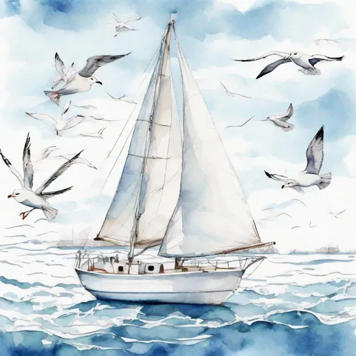 Prompt:  Sketch, sketch, fashionable summer ocean look for a woman, white sailboat, seagulls,
watercolor drawing, fine tracing of contours with liners, white background at the edges, microdetalization