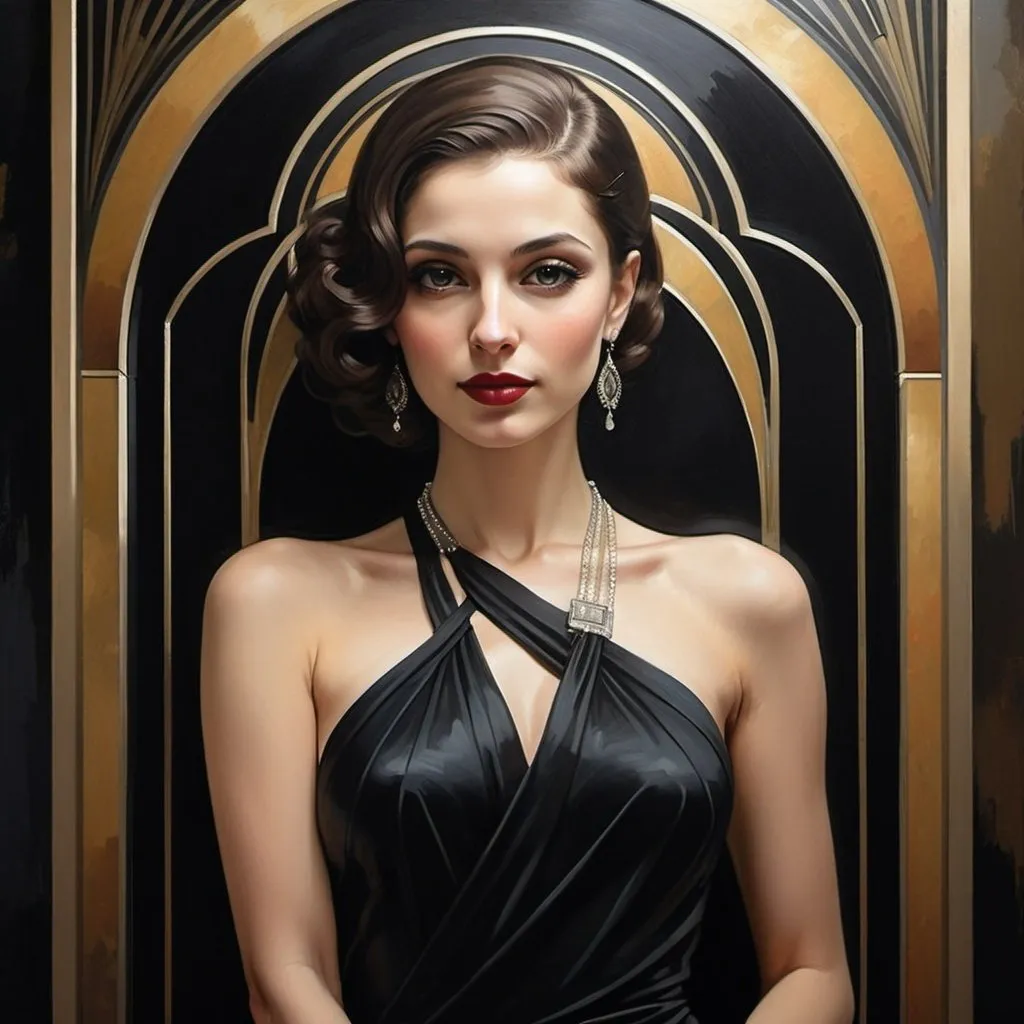 Prompt:  a woman in a black dress posing for a picture, an art deco painting by Alexander Kucharsky, behance, art deco, elegant noir, an elegant woman in black dress, beautiful iranian woman