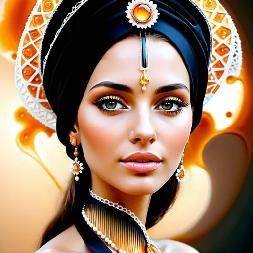 Prompt:  Moroccan Miss Universe super beauty,super beautiful eyes, filigree, small flowers,honey, +pearls+satin ribbons,bow, lace on the hat ,drawing with superlight lines computer oil painting,masterpiece,wide and long strokes, mother-of-pearl orange-peach-white solar gradient,fractal magic, 64k, light, botanical art,space art, realistic, close-up, high resolution, high detail, 30mm lens, 1/2