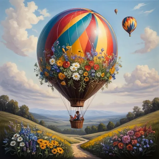 Prompt: Flying balloon filled with wildflowers, fantasy, beautiful, realistic, intricate details, oil painting, deep shadow
