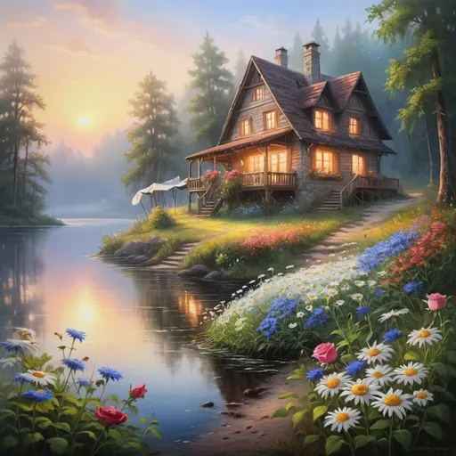 Prompt: house in the forest on the lake shore, romantic , beautiful sunrise, rose on wildflowers, daisies , bells , cornflowers, airbrushing, foggy evening,white sparks in the sunlight, elder scrolls, realistic, translucent, saturated bright colors , high detail, oil painting