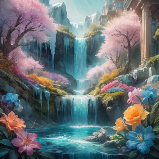 Prompt: (Masterpiece, 8K, Ultra High Resolution:1.2), lush Zephyrian world, (melting ice revealing hidden gardens:1.3), blooming bioluminescent flowers, cascading waterfalls transforming into rushing rivers, [rebirth of life:1.1], mixing styles of Sam Yang, Loish, and Ross Tran, vibrant color palette, mixing of Art Nouveau, Impressionism, and Surrealism, ethereal lighting style, extremely detailed, high realism level, Digital Art, Watercolor Painting, Mixed Media, vibrant Spring Palette, mixing of Classic Renaissance, Art Deco, and Abstract Expressionism