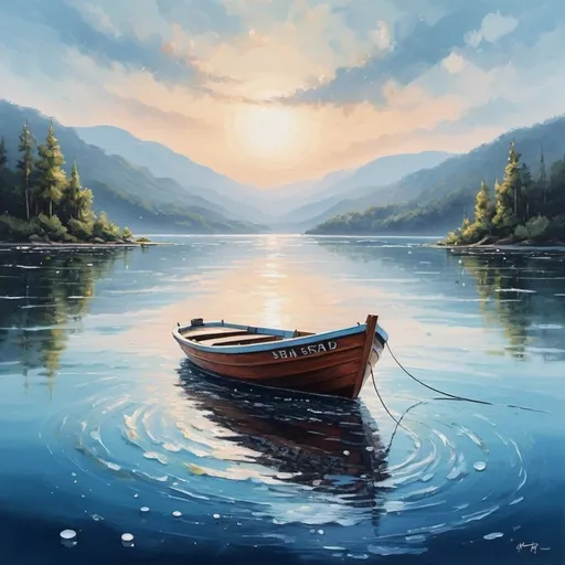 Prompt:  Immerse yourself in the tranquility of this breathtaking painting of a boat floating peacefully on sparkling water. 🎨🌊 Artistic Inspiration, Serenity .Nature Beauty  
