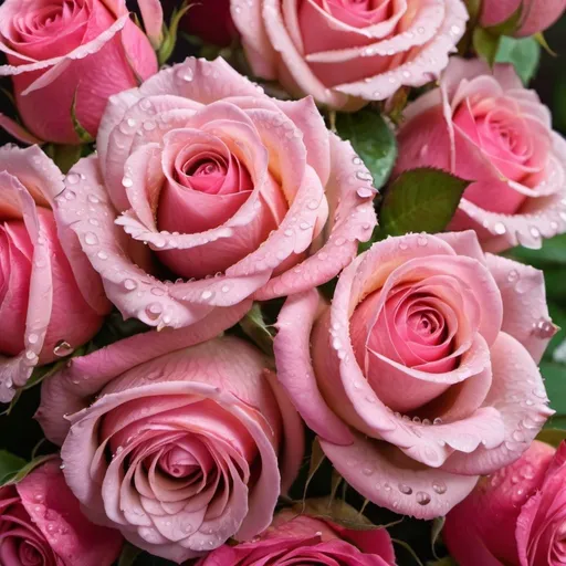 Prompt:  bouquet of pink roses with water droplets, roses and lush flowers , decorative roses, roses in the background large flowers, beautiful flowers, intricate floral patterns