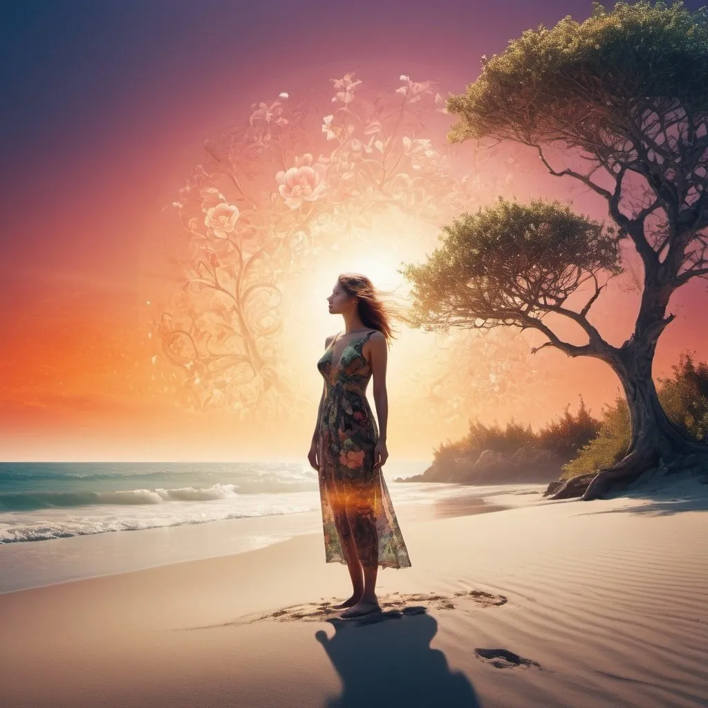 Prompt: high-quality digital image of (a woman) standing on (sand) in front of (the ocean), surrounded by (trees) and (bushes) during (floral sunset), (enchanted dreams), computer graphics, (overhead light) ), surrealism, double exposure, artistic interpretation, fabulous, fantasy elements, bright colors, mixing of realities, detailed textures, surreal atmosphere, whimsical, creative composition, evokes emotions, high contrast, complex details, innovative concept, visual storytelling, 4k resolution.