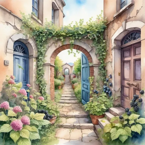 Prompt:  a garden with flowers, lots of doorways, connected to nature by vines, an alley, a ruined wall, picture frames, pleasant memories, hospitality, blackberry bushes, watercolor drawing with 3d parallax effect,