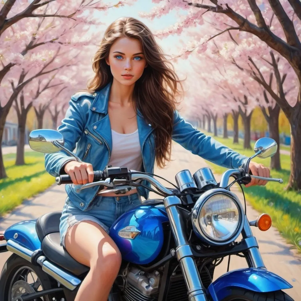 Prompt: gorgeous brunette girl, blue eyes, sitting on a motorcycle, full-length, spring , very bright design, realistic,natural, high detail, blooming lighting effect, acrylic drawing