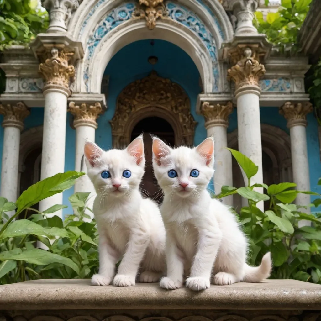 Prompt:   Two cute kittens with large blue eyes, sitting in front of a ornate architectural structure amidst lush greenery.