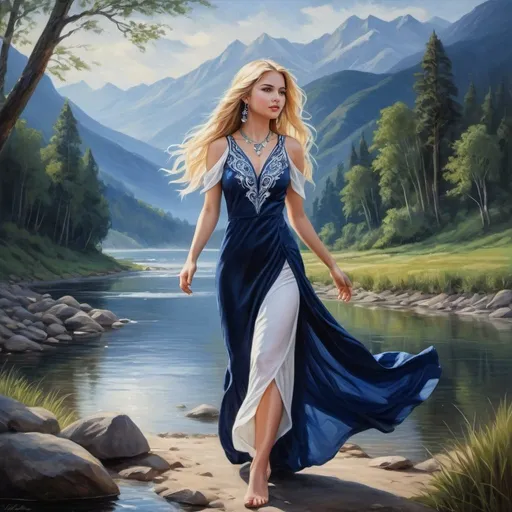 Prompt: a woman in a dark blue + white dress, Selena, precious jewelry, long loose blonde hair, she walks along the riverbank, against the background of mountains and forests, beautiful fantasy, high detail,very bright design, realistic, oil painting