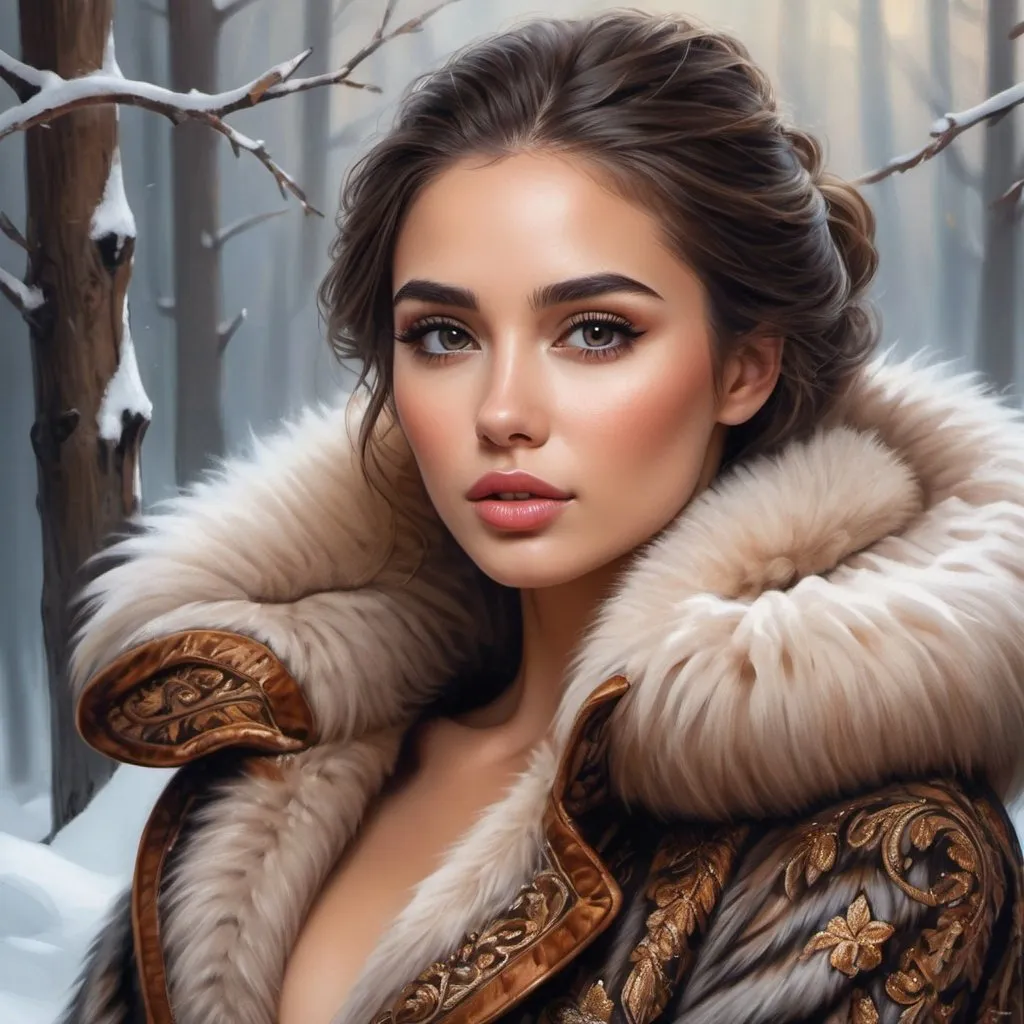 Prompt:  painting of a woman in a fur coat, beautiful woman with detailed face, beautiful portrait in fantasy style, beautiful portrait in fantasy style, very beautiful fantasy art, detailed realistic beautiful, detailed beautiful portrait, stunning detailed image, very beautiful digital art, amazing digital paint, Olivia Culpo as Milady de Winter