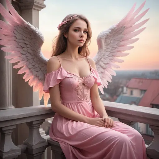 Prompt: a woman in a pink dress sitting on a balcony,   beautiful angel girl portrait, beautiful fantasy painting, very beautiful fantasy art, beautiful fantasy art portrait, beautiful fantasy art, of an beautiful angel girl, beautiful fantasy maiden, beautiful fantasy portrait, girl with angel wings, beautiful angelic wings, of beautiful angel, beautiful female angel, breathtaking fantasy art