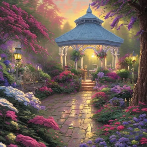 Prompt:  a painting of a gazebo surrounded by flowers, beautiful fantasy painting, beautiful isometric garden, style thomas kinkade, thomas kinkade painting, royal garden background, fairy palace, thomas kinkade style painting, enchanted garden, thomas kinkade. forest room, romanticism painting, style of thomas kinkade, greenhouse, beautiful detailed background, by Thomas Kinkade