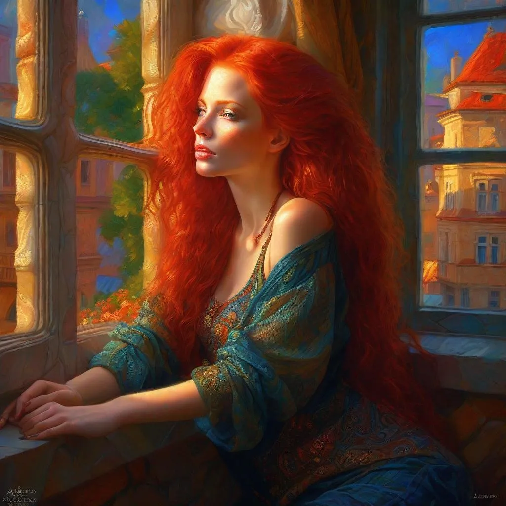 Prompt:  a woman with red hair sitting on a window sill, style of laura sava, beautiful fantasy art portrait, gorgeous digital painting, in stunning digital paint, beautiful fantasy portrait, stunning digital painting, by Tony Sart, beautiful fantasy painting, highly detailed digital painting, by Victor Nizovtsev, beautiful digital painting, beautiful portrait oil painting, redhead woman, by Alexander Kucharsky