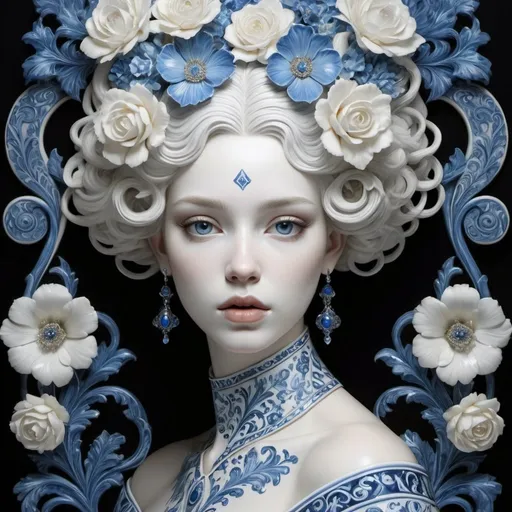 Prompt: Porcelain face of a beauty:: drawing:: gloss. Close-up. Perfect proportions, meticulous detailing. Patterns on the face. Porcelain. Blue, white, blue baroque floral motifs, relief, ornamentation. Meticulous detailing. Surrealism, baroque. Stylisation. Face and hair colours: white and shades of blue only. Background: black, chiaroscuro:: glow, lustre. In the manner of Gustav Klimt, Marina Kasperska and James Christensen. High quality.