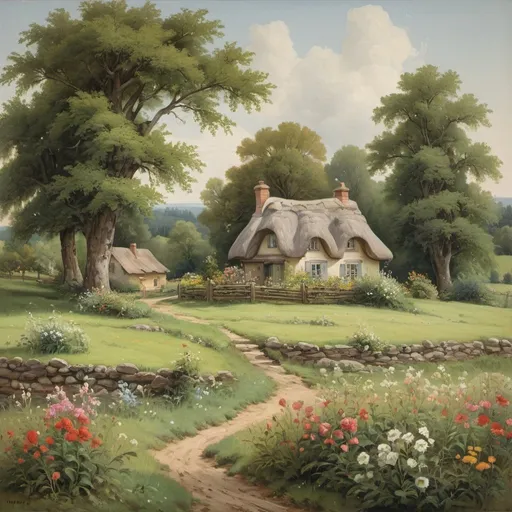 Prompt:  Painting of a pastoral landscape with a cottage, trees, and flowers.