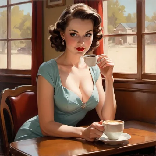 Prompt:  a woman sitting at a table with a cup of coffee, a fine art painting by Joyce Ballantyne Brand, cgsociety, figurative art, artgerm and gil elvgren, gil elvgren style, joyce ballantyne style