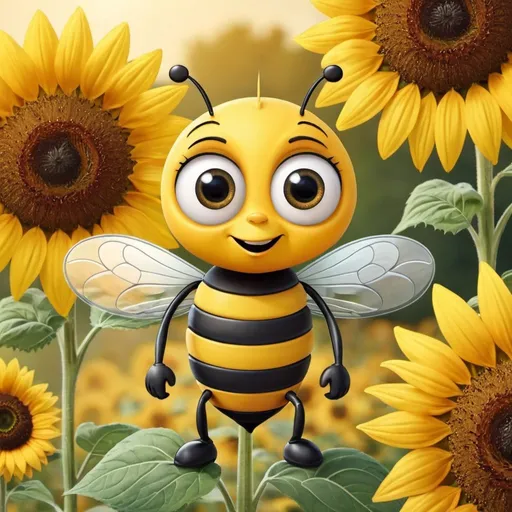 Prompt:  A cartoon bee with large eyes sitting on a sunflower.