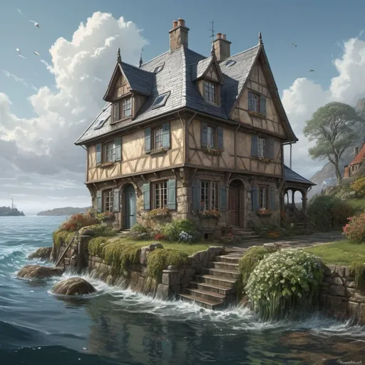 Prompt: 
art by   Ralph Horsley a typical european house with a slate roof, submerged under the water of the ocean,  scenic view, matte painting trending on artstation 
ultra highly detailed, detailed 
digital painting, highly detailed, intricated, intricated pose, clarity, high quality