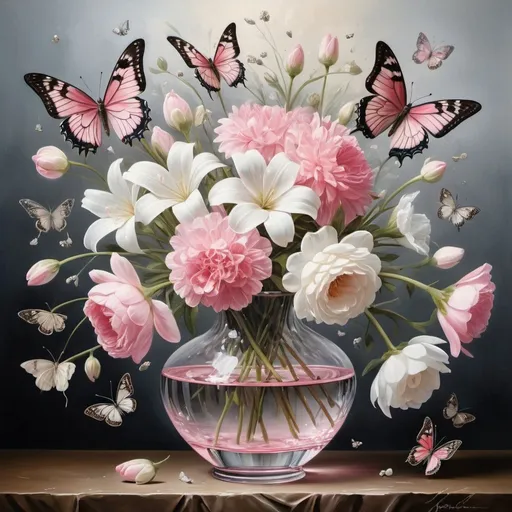 Prompt:  A realistic oil painting depicting a bouquet of pink and white flowers in a crystal vase with delicate butterflies fluttering around. Soft lighting highlights the intricate details of each butterfly petal and wing. Created by renowned artists such as Leonardo Davinci, Vincent van Gogh and Jan van Eyck, this work of art captures the beauty and fragility of nature in stunning detail. Ideal for adding elegance to any room or art collection.
