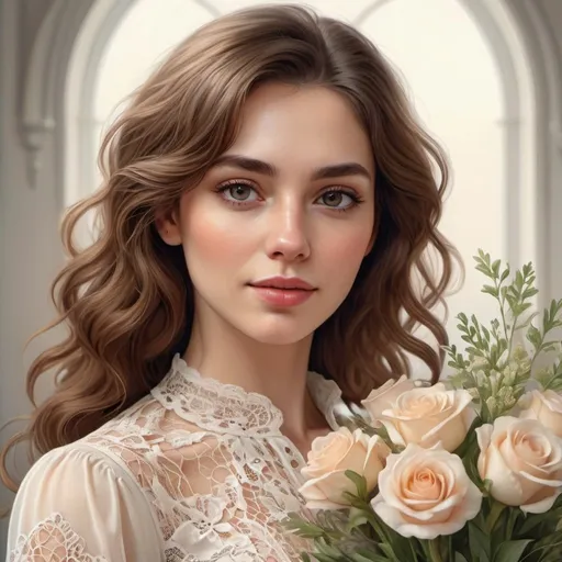 Prompt: a woman with moderate makeup, brown-haired wavy hair of medium length, in a cream-colored lace blouse , with a bouquet of flowers in her hand, close-up portrait of a face, realistic fantasy drawing, stylized portrait h 1280, ultra-realistic, beautiful, colorful, realistic, high detail,rim light, animated 3D graphics, stunning watercolor painting,