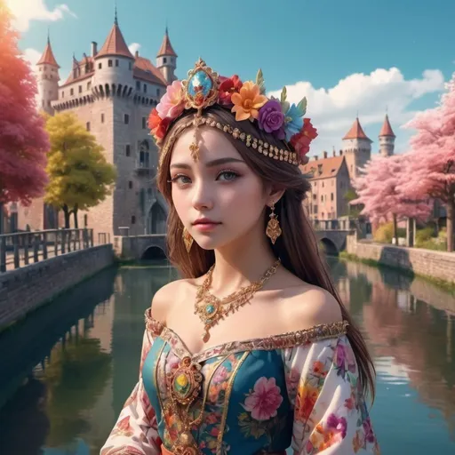 Prompt:  girl wearing floral pattern headdress and jewelry against romantic scene with canal and castle in the background, 2.5d cgi anime fantasy,  beautiful, colorful, realistic, high detail, 3D motion graphics, stunning matte painting