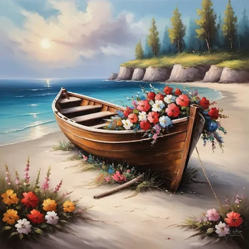 Prompt: boat ⛵ with flowers on the beach, romantic painting, gorgeous beautiful oil painting