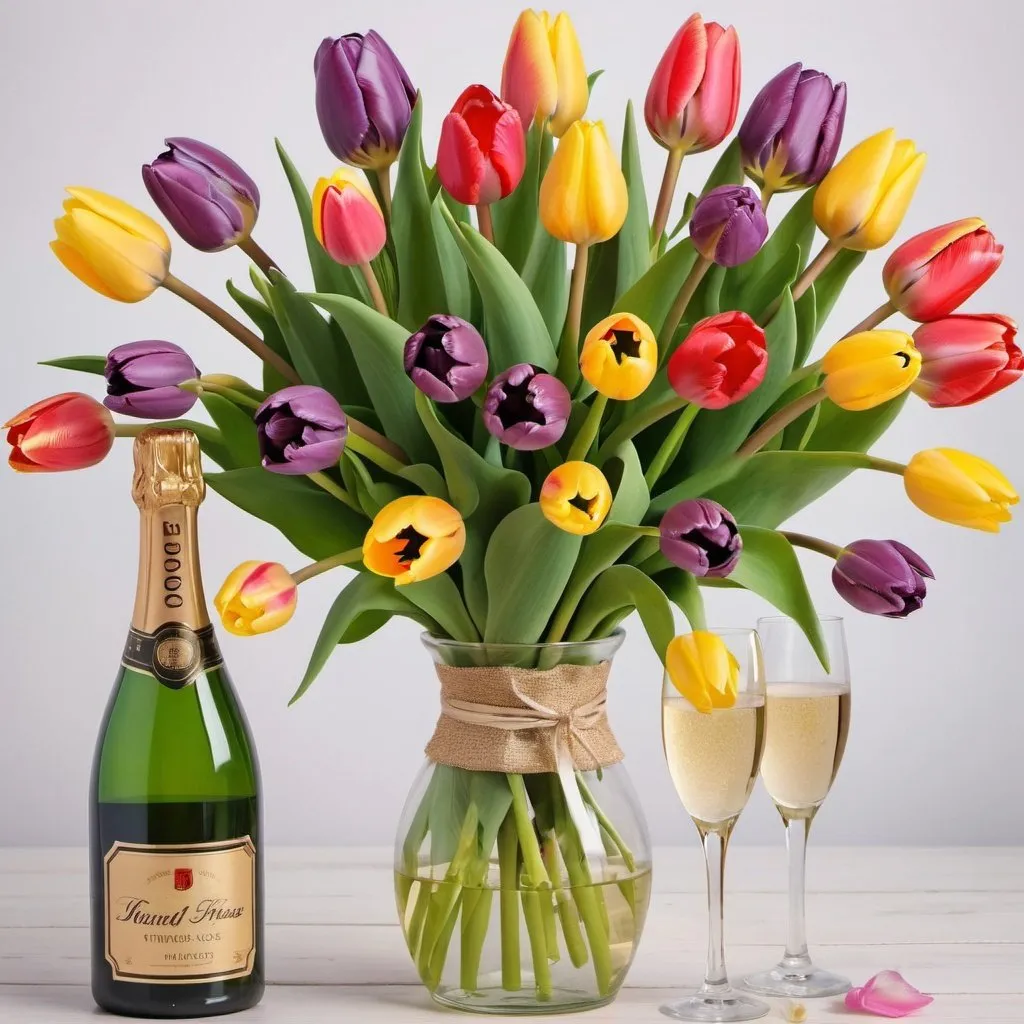 Prompt: a bouquet of tulips and a bottle of champagne, colourful flowers bouquet, floral flowers colorful, for a beautiful, beautiful flowers, bouquet, beautiful large flowers, bouquets, tulips, magical colorful flowers, elegant flowers, flowers background, explosion of colorful flowers, with colorful flowers and plants, roses and tulips, ad image, beautiful flowers and crystals, rich flower colors  