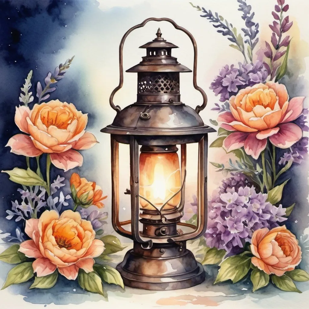 Prompt: a watercolor painting of a lantern surrounded by flowers, realistic fantasy artwork, carbide lamp, style of old painting, there is ugliness in beauty, listing image, flash image, centred in image, beautiful image