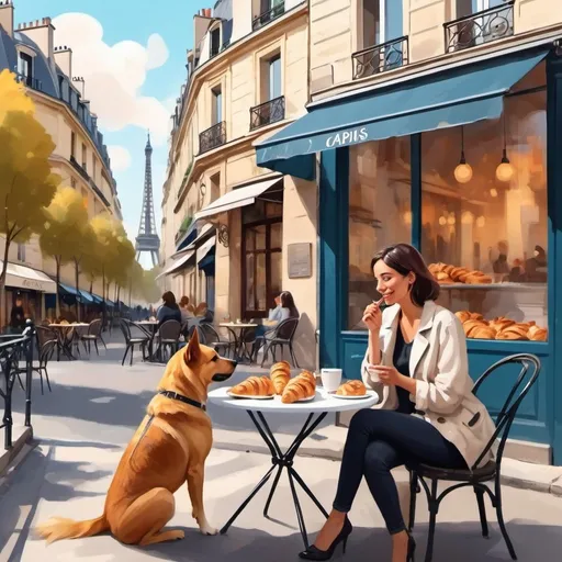 Prompt:  woman sitting at the table with a dog on a leash, and Parisian background, dog eating croissants in Paris, cozy cafe background, beautiful illustration, digital cartoon painting,
