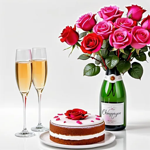 Prompt: vase with roses next to a cake and a glass of champagne, white background, drawing animation, bright saturated colors, realistically beautiful, drawing animation